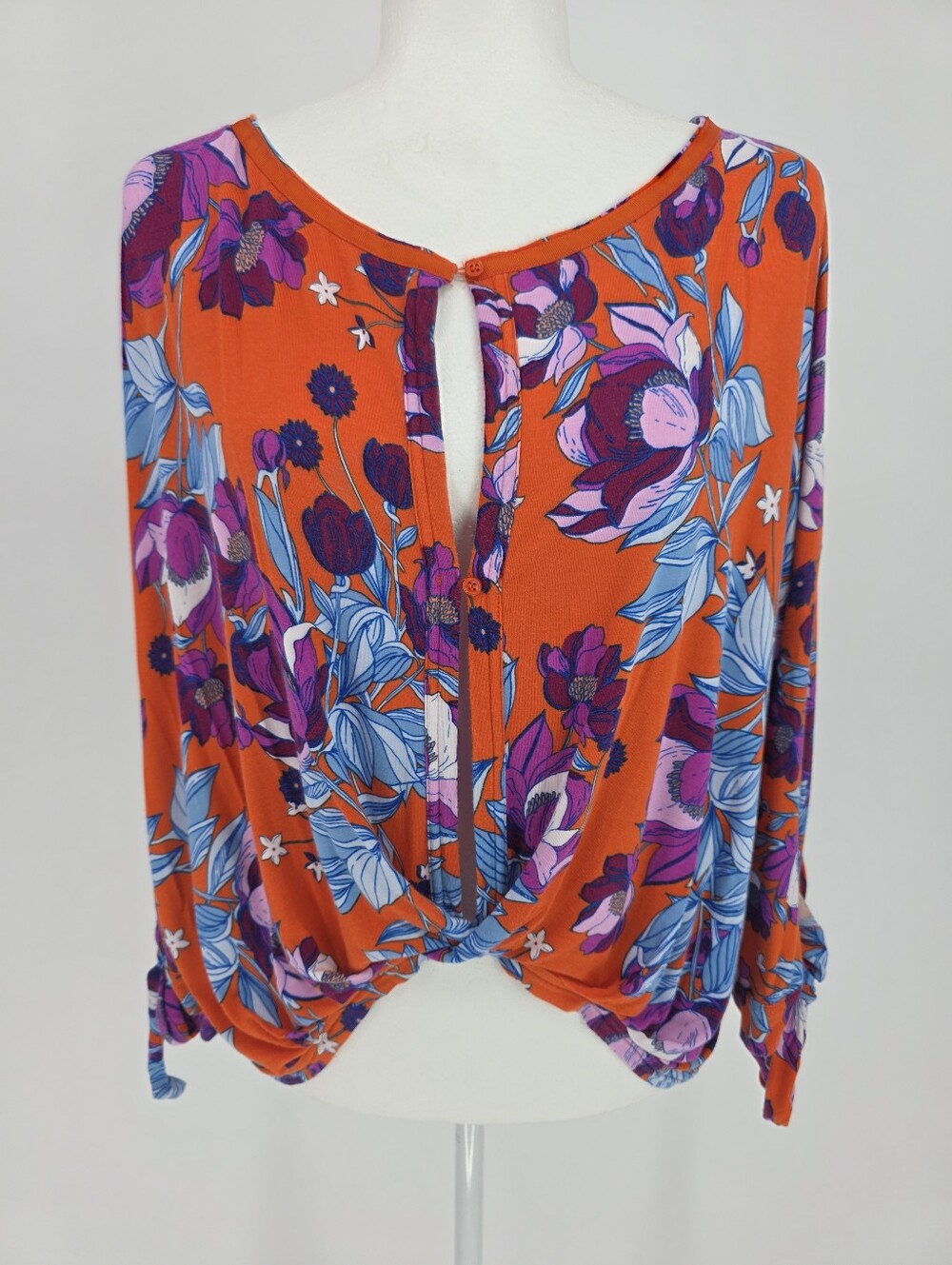 Free People Floral Tie Sleeve Top Small Orange Purple Boho Keyhole Blouse